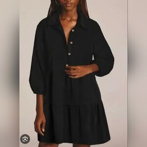Black Tiered Mini Shirtdress 3/4 Sleeves Relaxed Fit Maternity Sz S Casual New